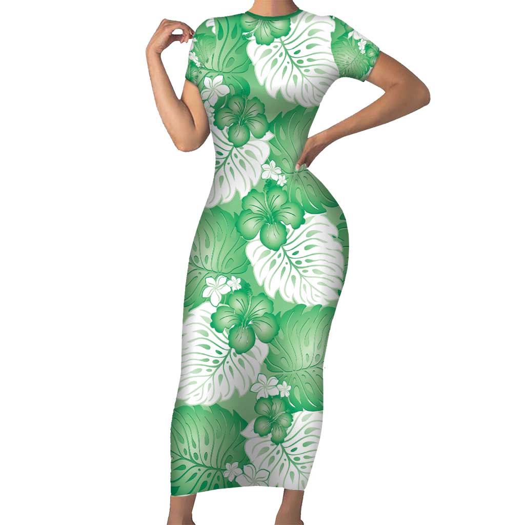 Green Aloha Hawaii Short Sleeve Bodycon Dress Monstera Hibiscus Plumeria Seamless Vibes - Polynesian Pride