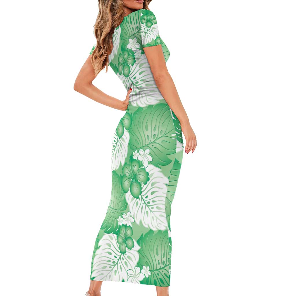 Green Aloha Hawaii Short Sleeve Bodycon Dress Monstera Hibiscus Plumeria Seamless Vibes - Polynesian Pride