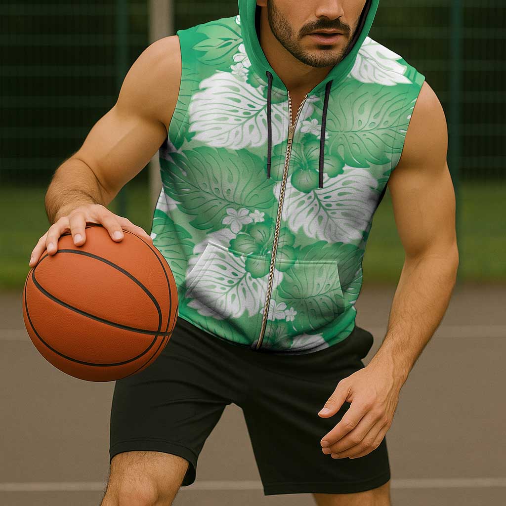 Green Aloha Hawaii Sleeveless Zip Hoodie Monstera Hibiscus Plumeria Seamless Vibes - Polynesian Pride