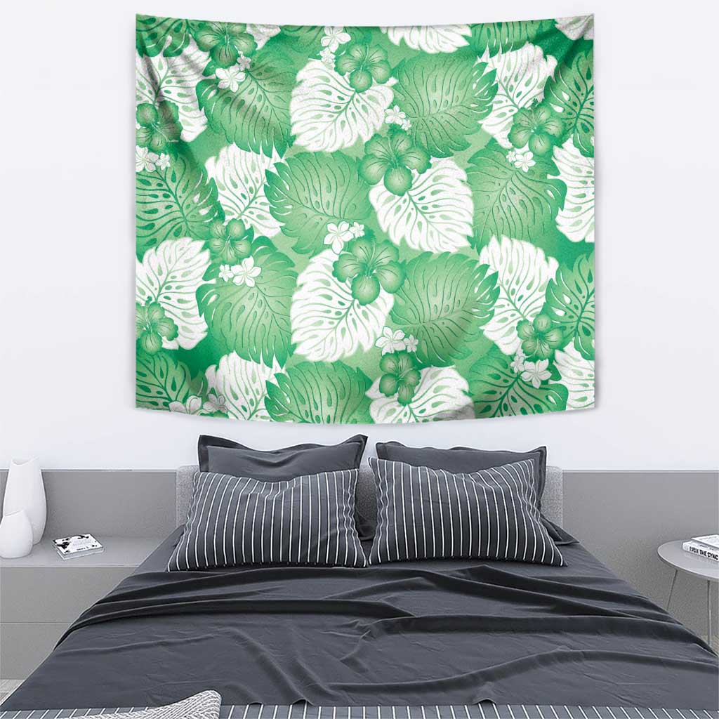 Green Aloha Hawaii Tapestry Monstera Hibiscus Plumeria Seamless Vibes - Polynesian Pride