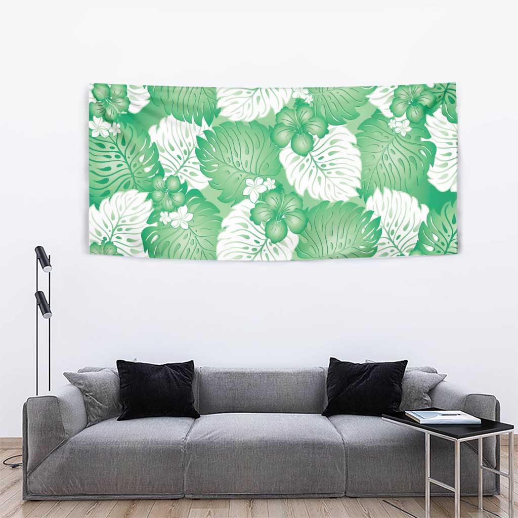 Green Aloha Hawaii Tapestry Monstera Hibiscus Plumeria Seamless Vibes - Polynesian Pride