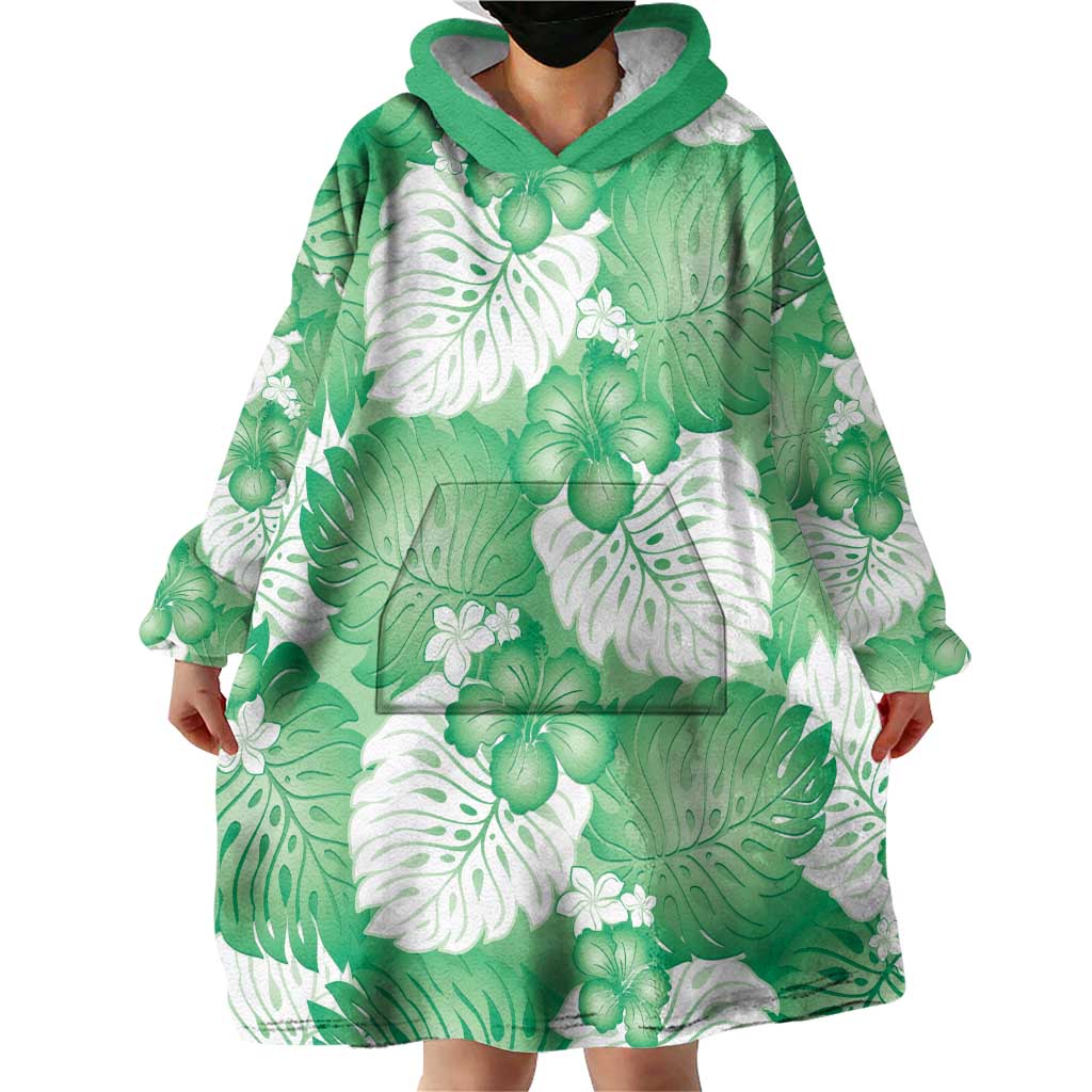 Green Aloha Hawaii Wearable Blanket Hoodie Monstera Hibiscus Plumeria Seamless Vibes - Polynesian Pride