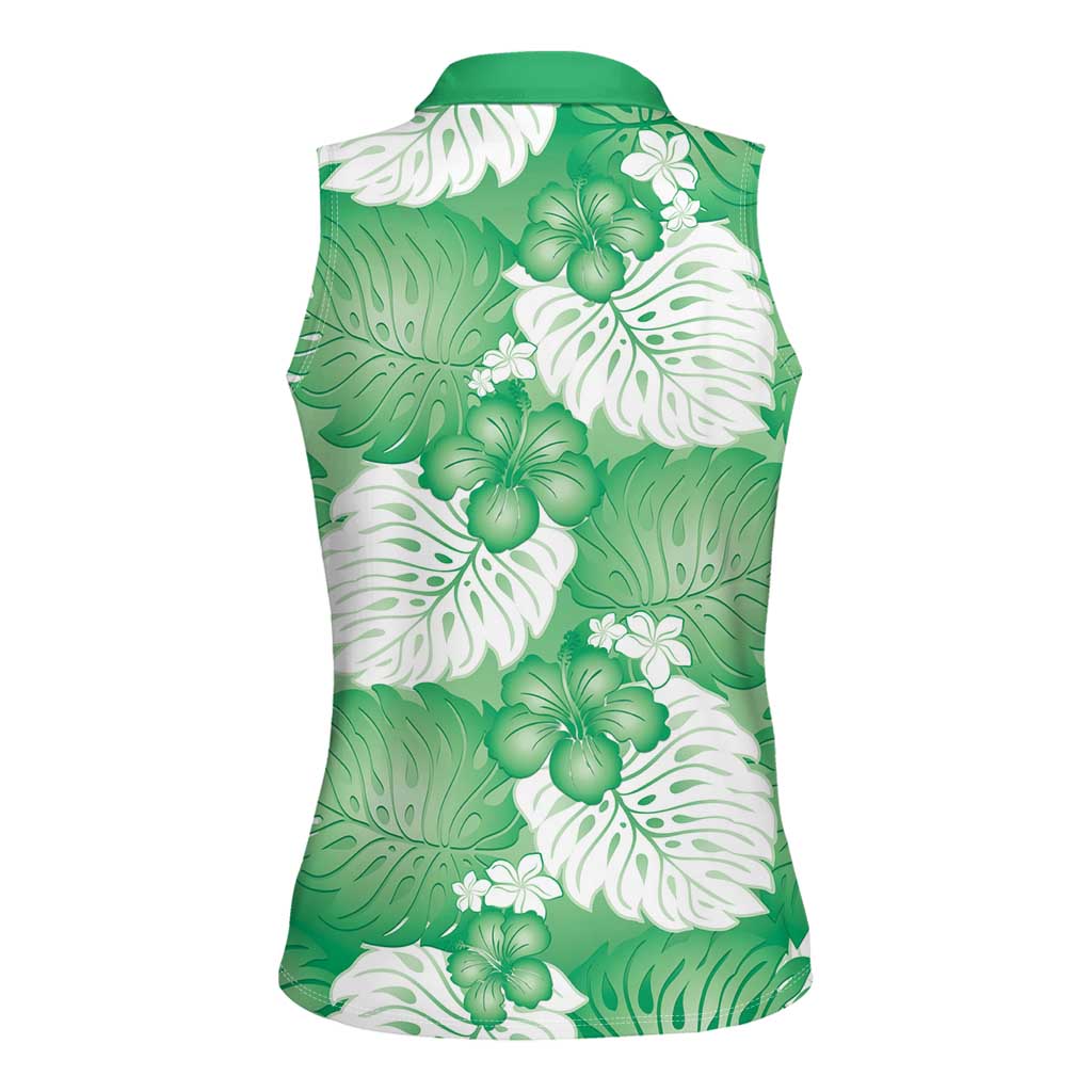 Green Aloha Hawaii Women Sleeveless Polo Shirt Monstera Hibiscus Plumeria Seamless Vibes LT14 - Polynesian Pride