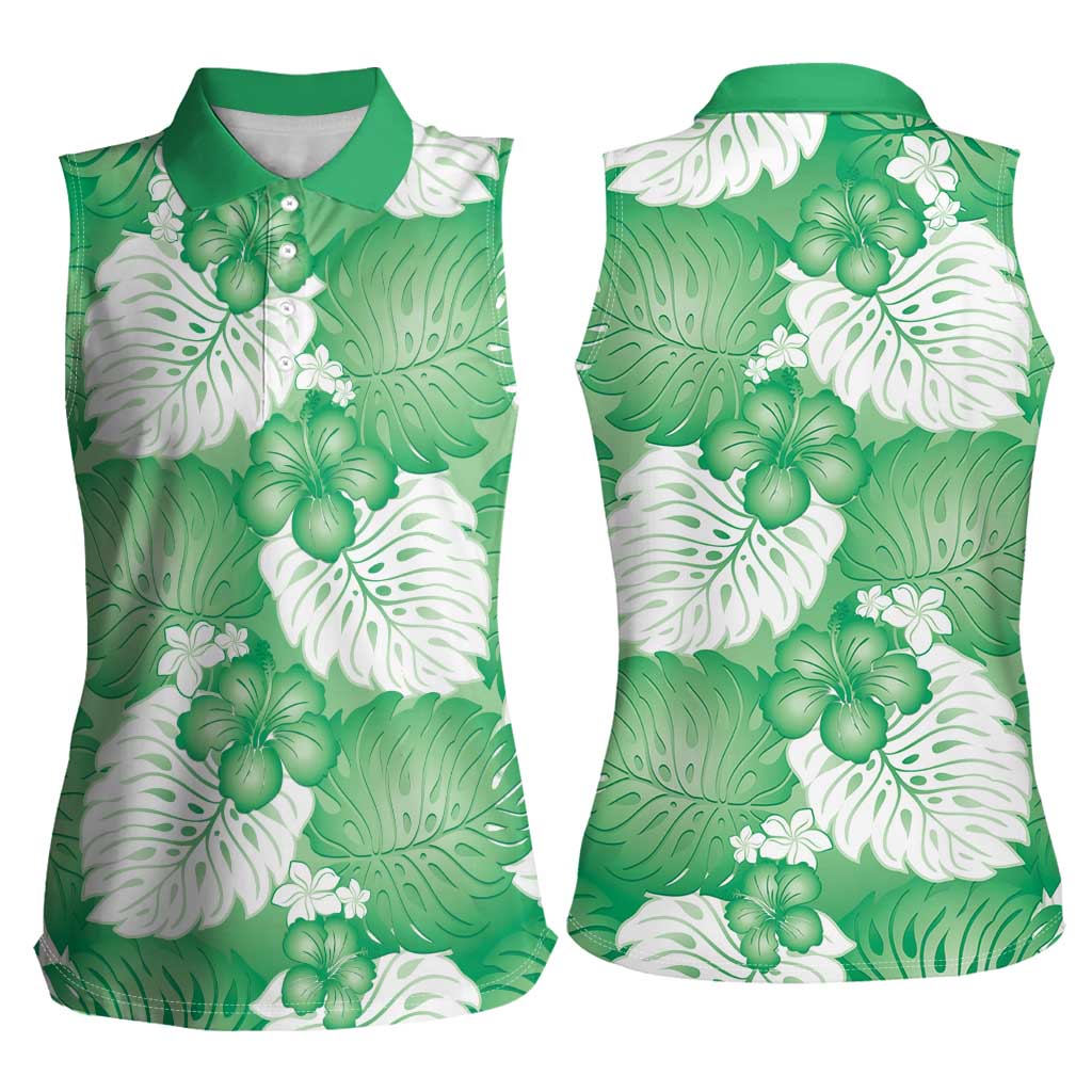 Green Aloha Hawaii Women Sleeveless Polo Shirt Monstera Hibiscus Plumeria Seamless Vibes LT14 - Polynesian Pride