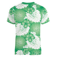 Green Aloha Hawaii Women V-Neck T-Shirt Monstera Hibiscus Plumeria Seamless Vibes - Polynesian Pride