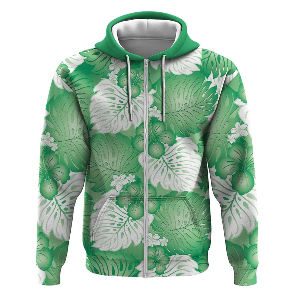 Green Aloha Hawaii Zip Hoodie Monstera Hibiscus Plumeria Seamless Vibes - Polynesian Pride