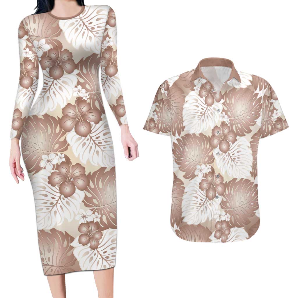 Mocha Mousse Aloha Hawaii Couples Matching Long Sleeve Bodycon Dress and Hawaiian Shirt Monstera Hibiscus Plumeria Seamless Vibes - Polynesian Pride