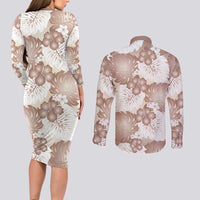 Mocha Mousse Aloha Hawaii Couples Matching Long Sleeve Bodycon Dress and Long Sleeve Button Shirt Monstera Hibiscus Plumeria Seamless Vibes - Polynesian Pride