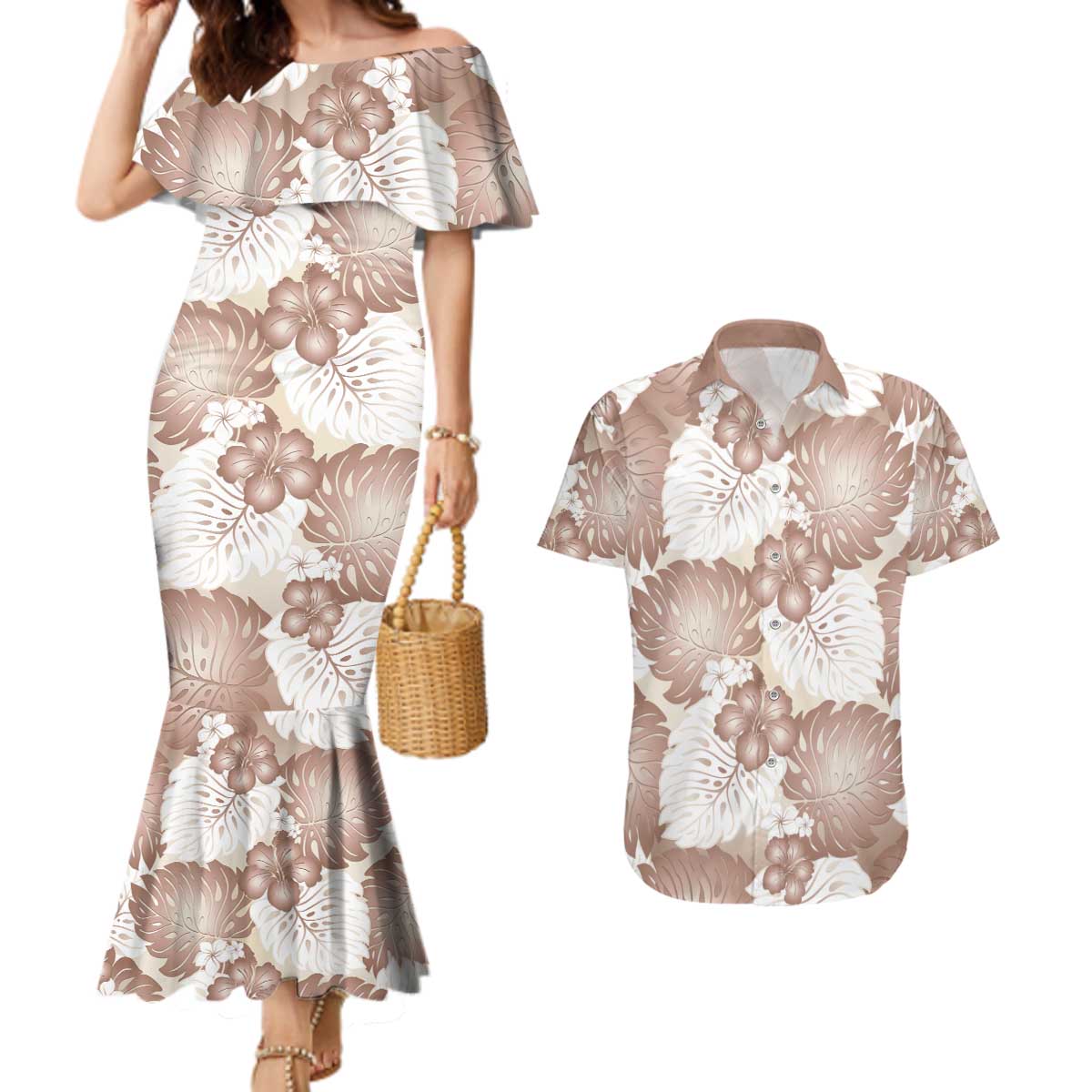 Mocha Mousse Aloha Hawaii Couples Matching Mermaid Dress and Hawaiian Shirt Monstera Hibiscus Plumeria Seamless Vibes - Polynesian Pride
