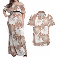 Mocha Mousse Aloha Hawaii Couples Matching Off Shoulder Maxi Dress and Hawaiian Shirt Monstera Hibiscus Plumeria Seamless Vibes - Polynesian Pride