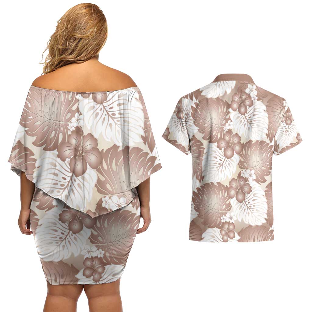Mocha Mousse Aloha Hawaii Couples Matching Off Shoulder Short Dress and Hawaiian Shirt Monstera Hibiscus Plumeria Seamless Vibes - Polynesian Pride