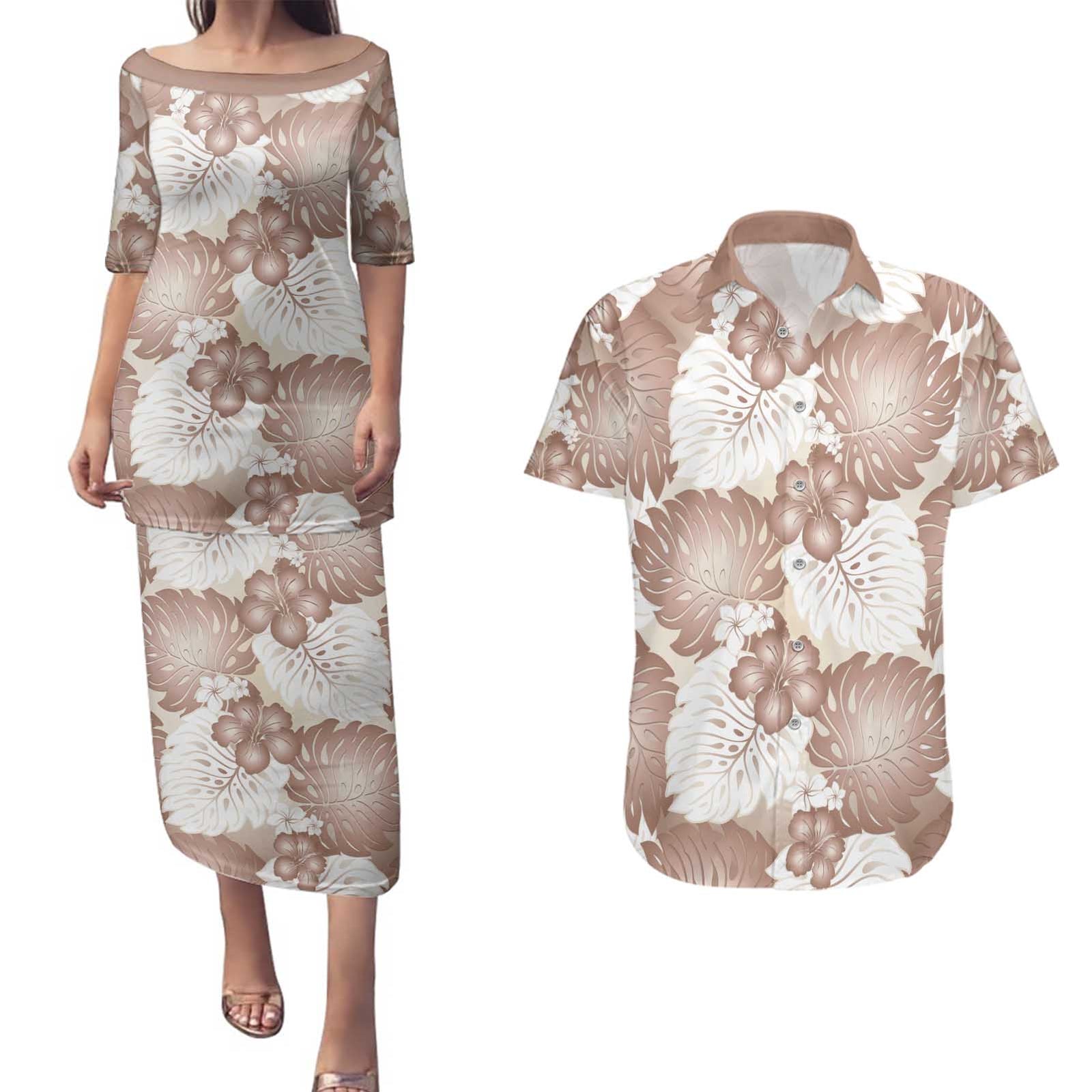 Mocha Mousse Aloha Hawaii Couples Matching Puletasi and Hawaiian Shirt Monstera Hibiscus Plumeria Seamless Vibes - Polynesian Pride
