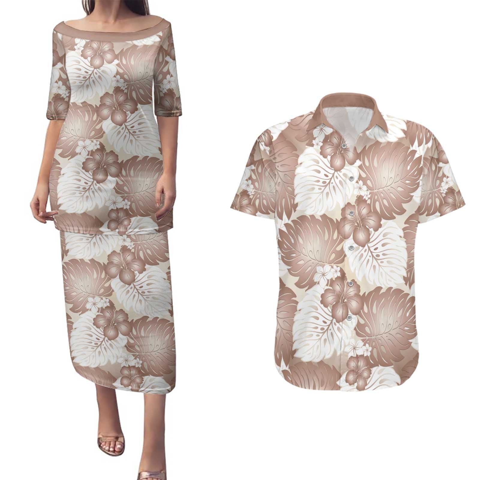 Mocha Mousse Aloha Hawaii Couples Matching Puletasi and Hawaiian Shirt Monstera Hibiscus Plumeria Seamless Vibes - Polynesian Pride