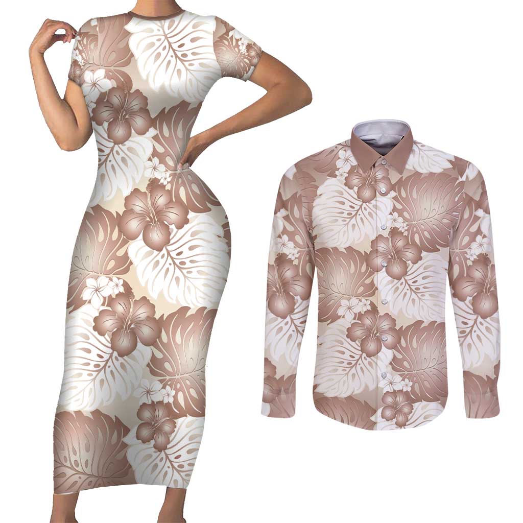 Mocha Mousse Aloha Hawaii Couples Matching Short Sleeve Bodycon Dress and Long Sleeve Button Shirt Monstera Hibiscus Plumeria Seamless Vibes - Polynesian Pride