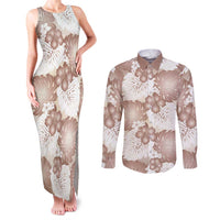 Mocha Mousse Aloha Hawaii Couples Matching Tank Maxi Dress and Long Sleeve Button Shirt Monstera Hibiscus Plumeria Seamless Vibes - Polynesian Pride
