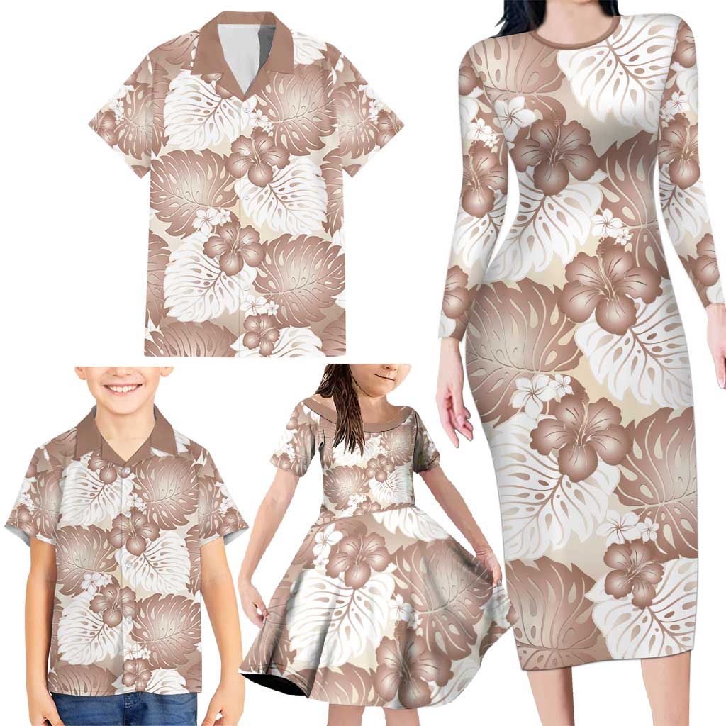 Mocha Mousse Aloha Hawaii Family Matching Long Sleeve Bodycon Dress and Hawaiian Shirt Monstera Hibiscus Plumeria Seamless Vibes - Polynesian Pride
