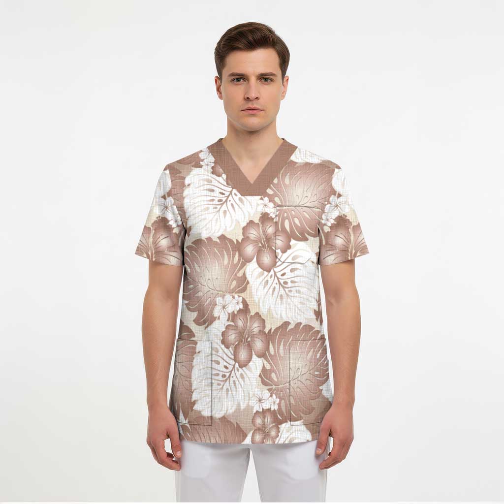 Mocha Mousse Aloha Hawaii Scrub Top Monstera Hibiscus Plumeria Seamless Vibes - Polynesian Pride
