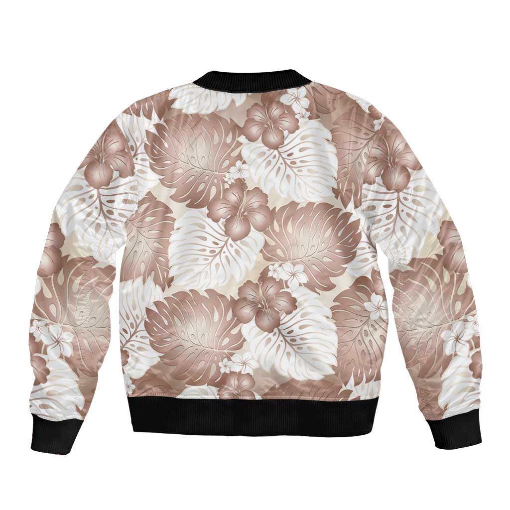 Mocha Mousse Aloha Hawaii Sleeve Zip Bomber Jacket Monstera Hibiscus Plumeria Seamless Vibes - Polynesian Pride
