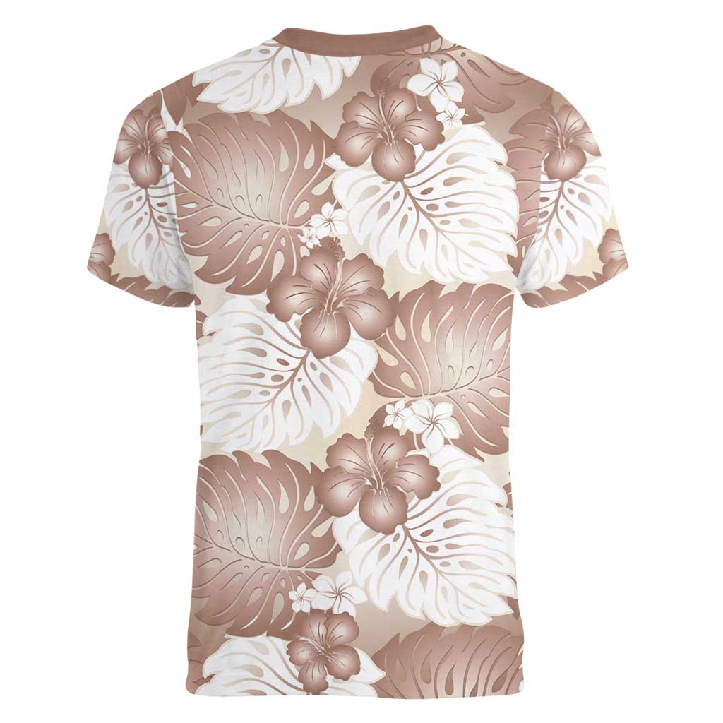 Mocha Mousse Aloha Hawaii Women V-Neck T-Shirt Monstera Hibiscus Plumeria Seamless Vibes - Polynesian Pride