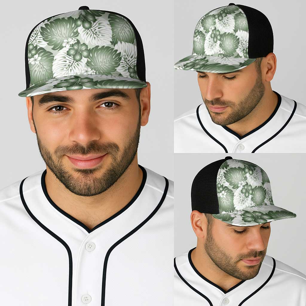 Sage Green Aloha Hawaii Baseball Net Cap Monstera Hibiscus Plumeria Seamless Vibes - Polynesian Pride