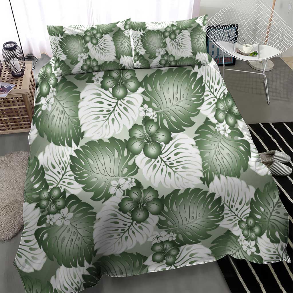 Sage Green Aloha Hawaii Bedding Set Monstera Hibiscus Plumeria Seamless Vibes - Polynesian Pride