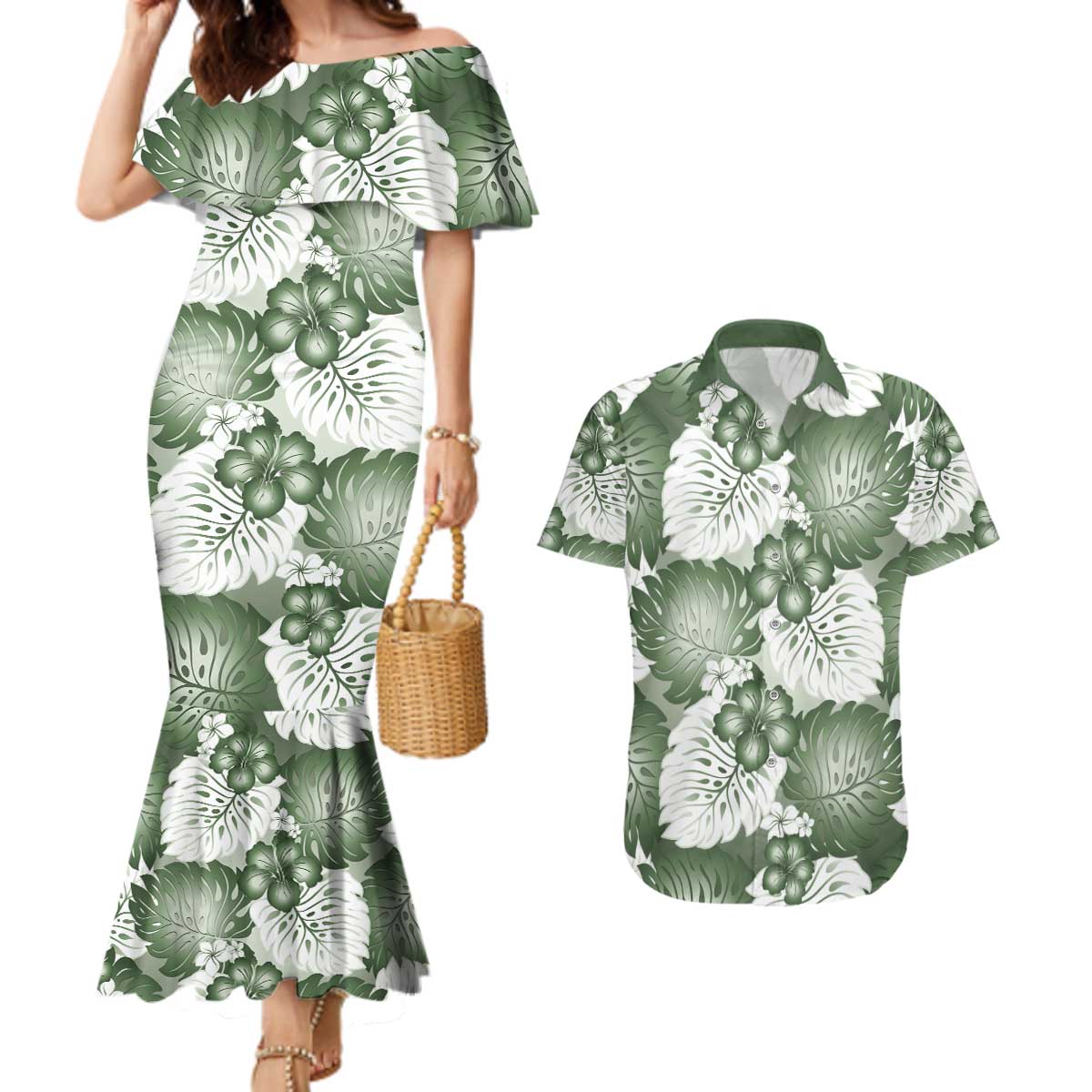 Sage Green Aloha Hawaii Couples Matching Mermaid Dress and Hawaiian Shirt Monstera Hibiscus Plumeria Seamless Vibes - Polynesian Pride