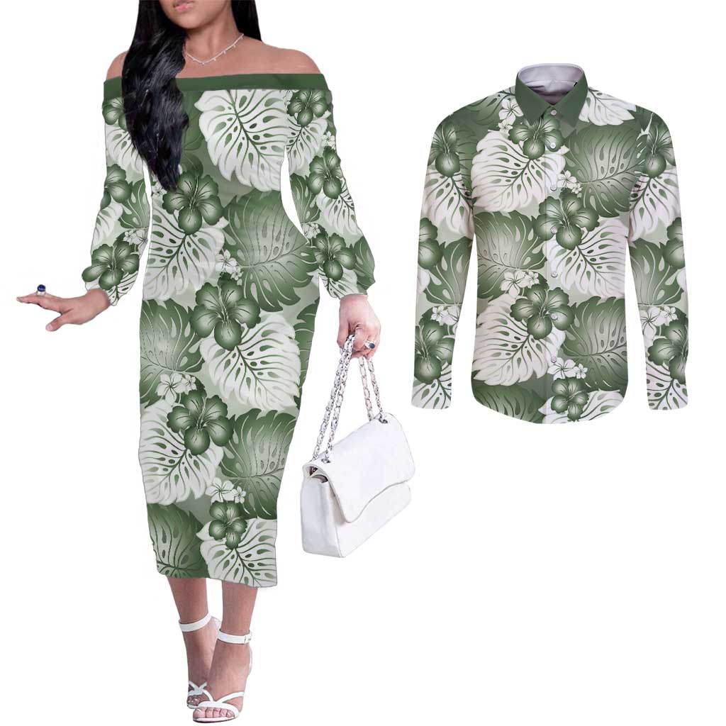 Sage Green Aloha Hawaii Couples Matching Off The Shoulder Long Sleeve Dress and Long Sleeve Button Shirt Monstera Hibiscus Plumeria Seamless Vibes - Polynesian Pride