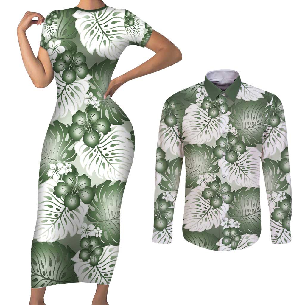 Sage Green Aloha Hawaii Couples Matching Short Sleeve Bodycon Dress and Long Sleeve Button Shirt Monstera Hibiscus Plumeria Seamless Vibes - Polynesian Pride