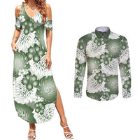 Sage Green Aloha Hawaii Couples Matching Summer Maxi Dress and Long Sleeve Button Shirt Monstera Hibiscus Plumeria Seamless Vibes - Polynesian Pride
