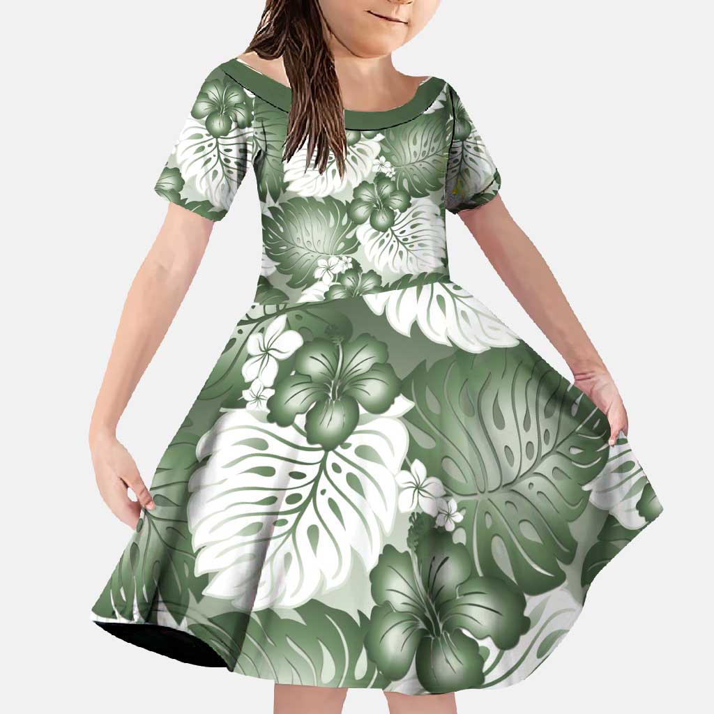 Sage Green Aloha Hawaii Family Matching Mermaid Dress and Hawaiian Shirt Monstera Hibiscus Plumeria Seamless Vibes LT14 Daughter's Dress Sage Green - Polynesian Pride