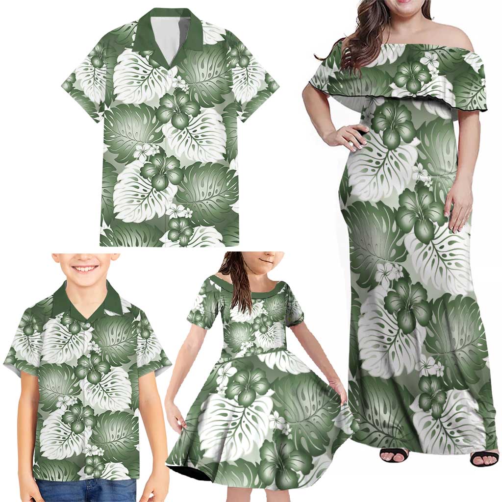 Sage Green Aloha Hawaii Family Matching Off Shoulder Maxi Dress and Hawaiian Shirt Monstera Hibiscus Plumeria Seamless Vibes - Polynesian Pride