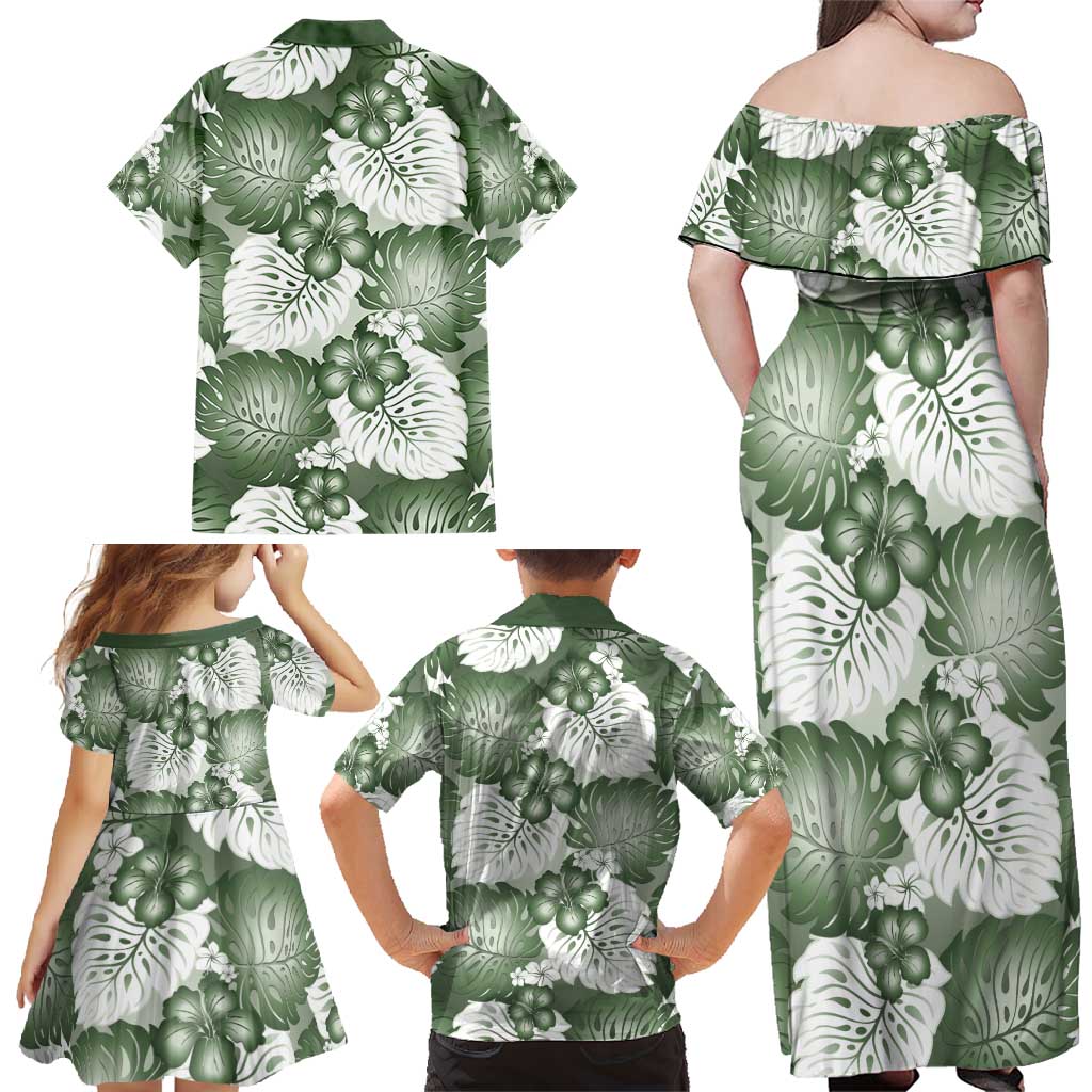 Sage Green Aloha Hawaii Family Matching Off Shoulder Maxi Dress and Hawaiian Shirt Monstera Hibiscus Plumeria Seamless Vibes - Polynesian Pride