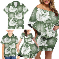 Sage Green Aloha Hawaii Family Matching Off Shoulder Short Dress and Hawaiian Shirt Monstera Hibiscus Plumeria Seamless Vibes - Polynesian Pride