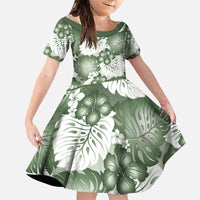 Sage Green Aloha Hawaii Family Matching Puletasi and Hawaiian Shirt Monstera Hibiscus Plumeria Seamless Vibes LT14 Daughter's Dress Sage Green - Polynesian Pride