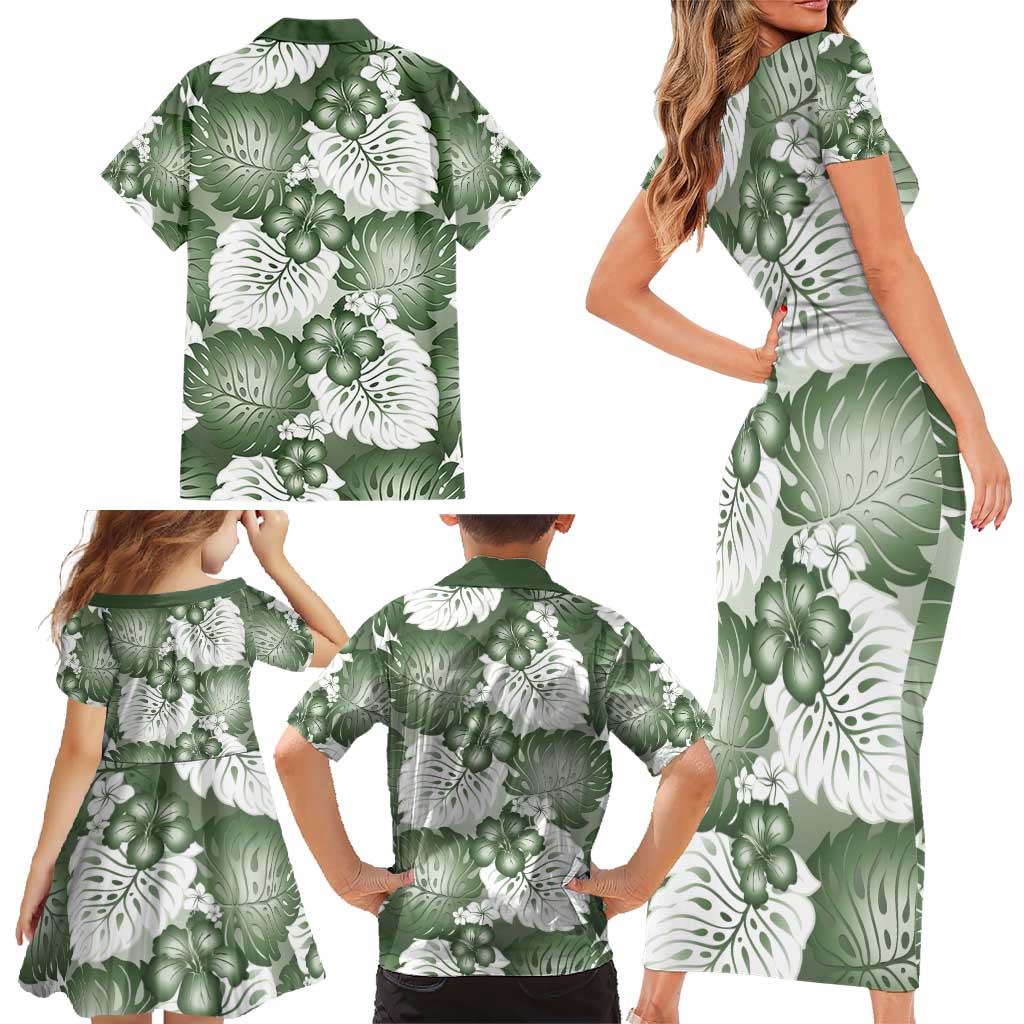 Sage Green Aloha Hawaii Family Matching Short Sleeve Bodycon Dress and Hawaiian Shirt Monstera Hibiscus Plumeria Seamless Vibes LT14 - Polynesian Pride