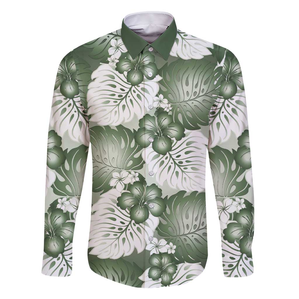 Sage Green Aloha Hawaii Family Matching Short Sleeve Bodycon Dress and Hawaiian Shirt Monstera Hibiscus Plumeria Seamless Vibes LT14 Dad's Shirt - Long Sleeve Sage Green - Polynesian Pride