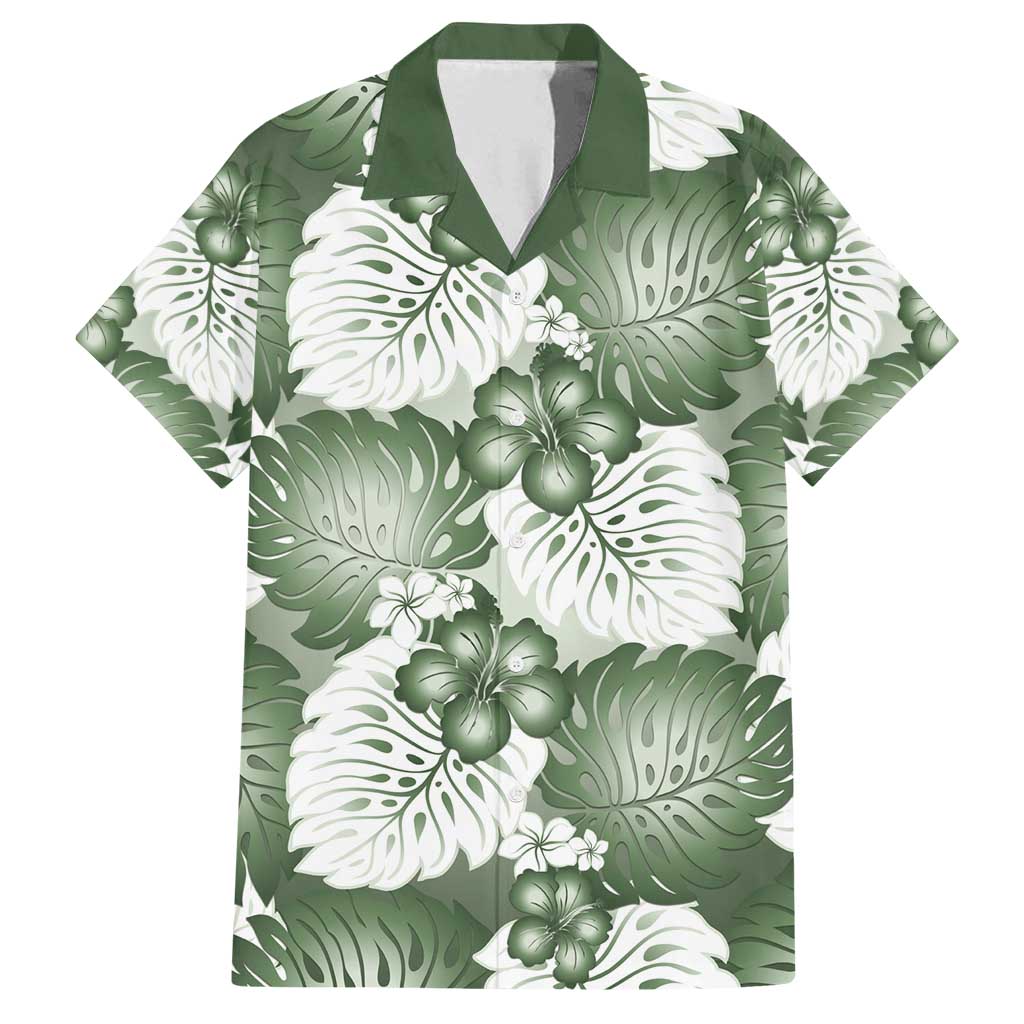 Sage Green Aloha Hawaii Family Matching Tank Maxi Dress and Hawaiian Shirt Monstera Hibiscus Plumeria Seamless Vibes - Polynesian Pride