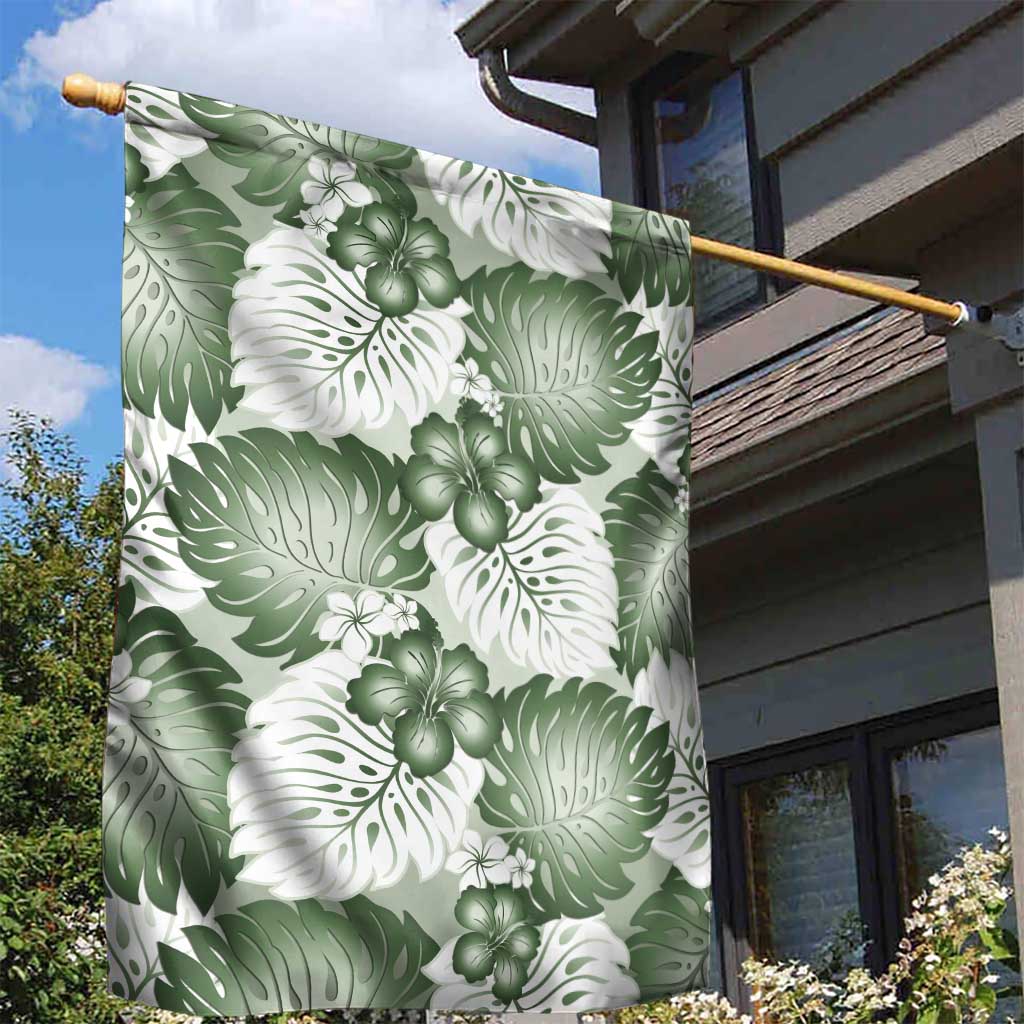 Sage Green Aloha Hawaii Garden Flag Monstera Hibiscus Plumeria Seamless Vibes - Polynesian Pride