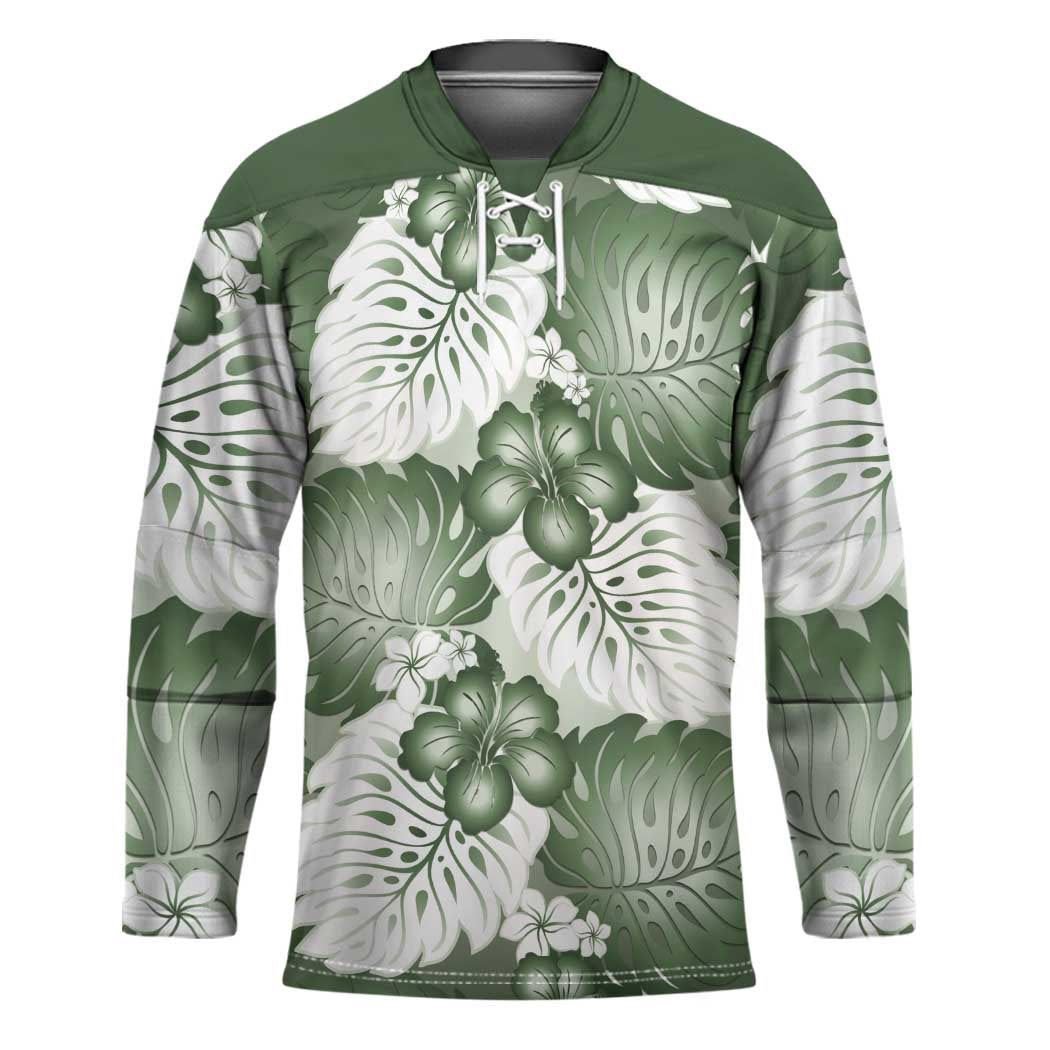 Sage Green Aloha Hawaii Hockey Jersey Monstera Hibiscus Plumeria Seamless Vibes - Polynesian Pride