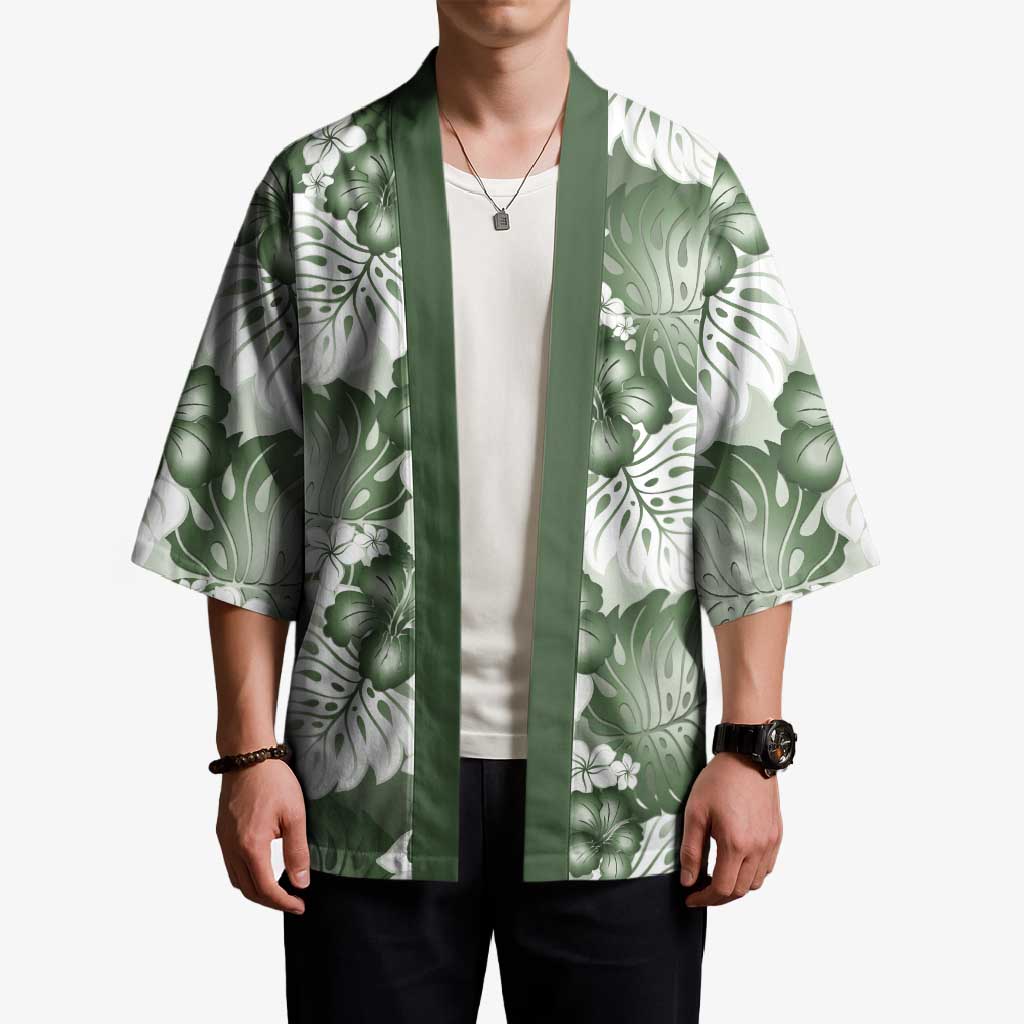 Sage Green Aloha Hawaii Kimono Monstera Hibiscus Plumeria Seamless Vibes - Polynesian Pride