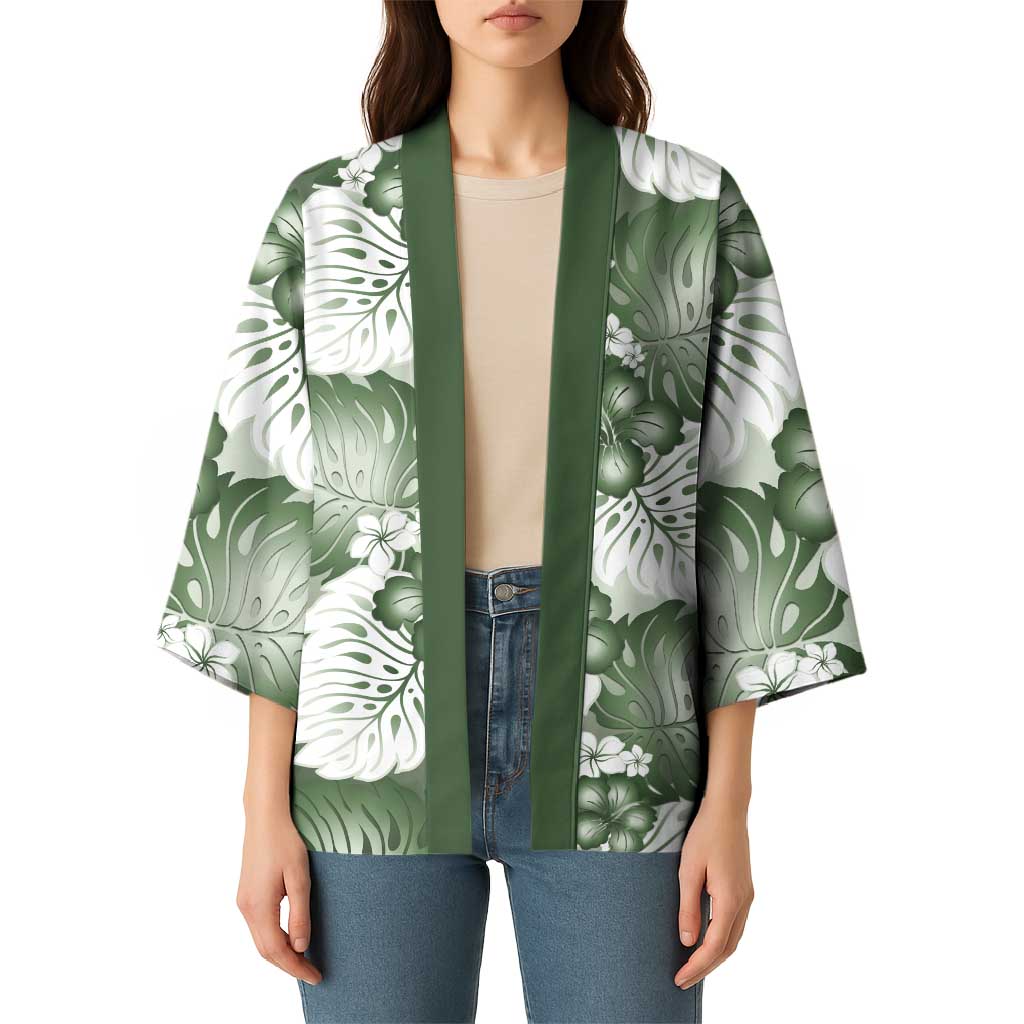 Sage Green Aloha Hawaii Kimono Monstera Hibiscus Plumeria Seamless Vibes - Polynesian Pride