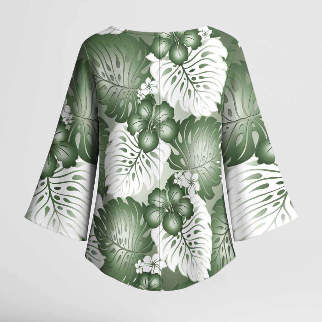 Sage Green Aloha Hawaii Kimono Sleeve Blouse Monstera Hibiscus Plumeria Seamless Vibes - Polynesian Pride