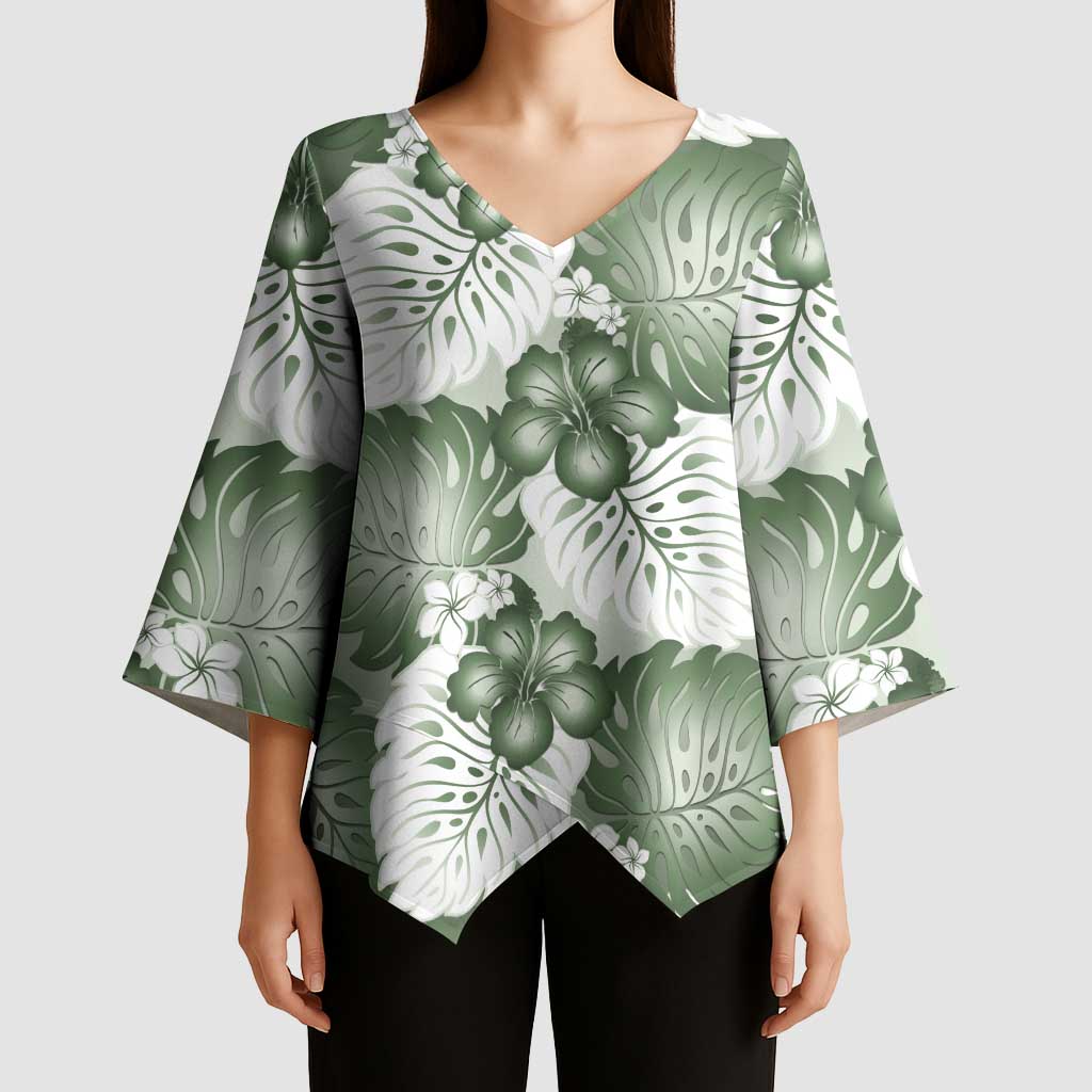 Sage Green Aloha Hawaii Kimono Sleeve Blouse Monstera Hibiscus Plumeria Seamless Vibes - Polynesian Pride