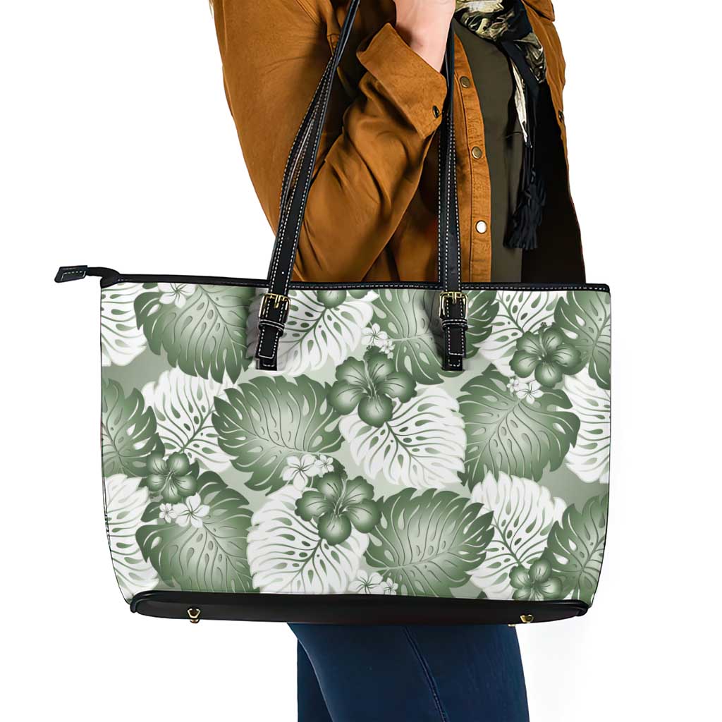 Sage Green Aloha Hawaii Leather Tote Bag Monstera Hibiscus Plumeria Seamless Vibes - Polynesian Pride