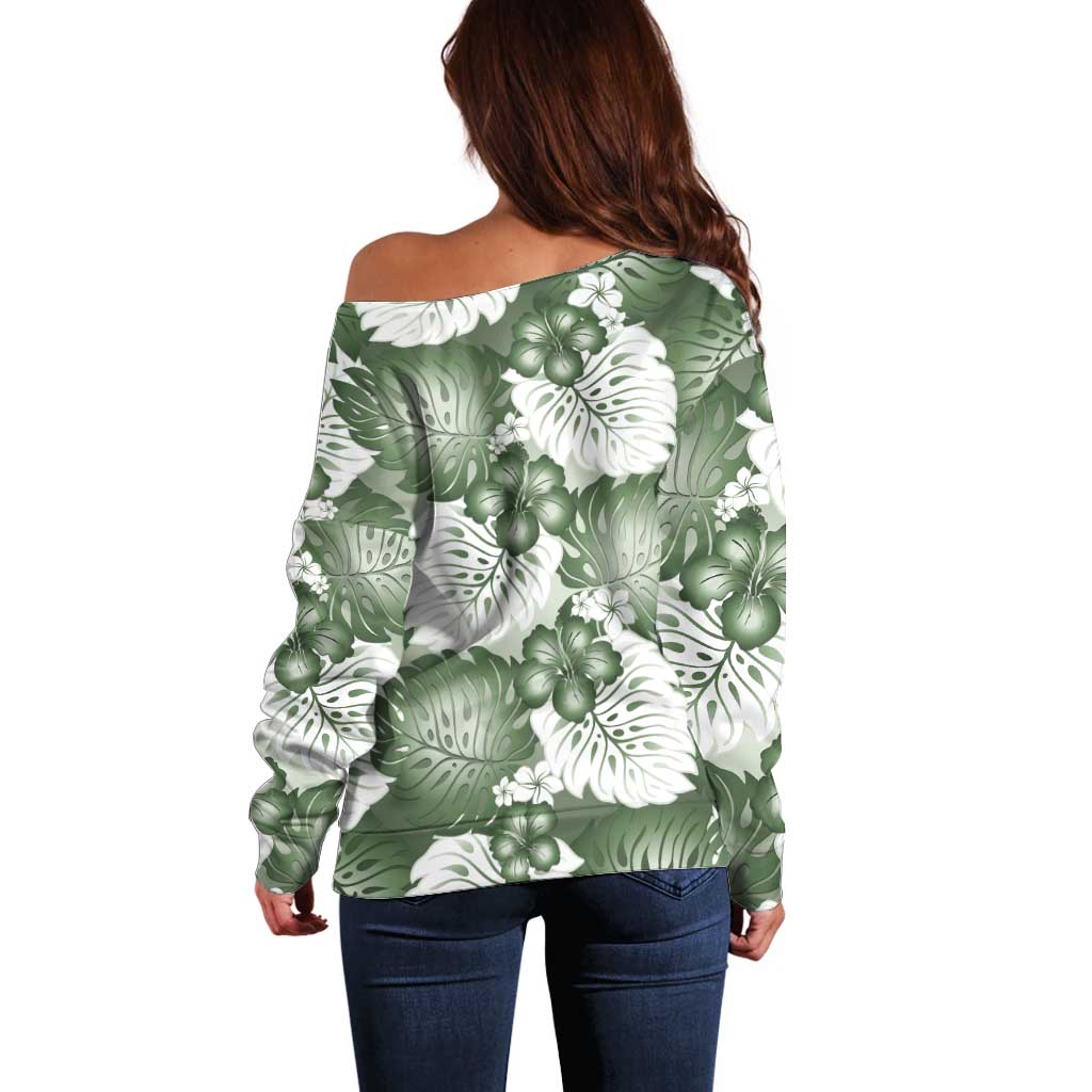 Sage Green Aloha Hawaii Off Shoulder Sweater Monstera Hibiscus Plumeria Seamless Vibes - Polynesian Pride