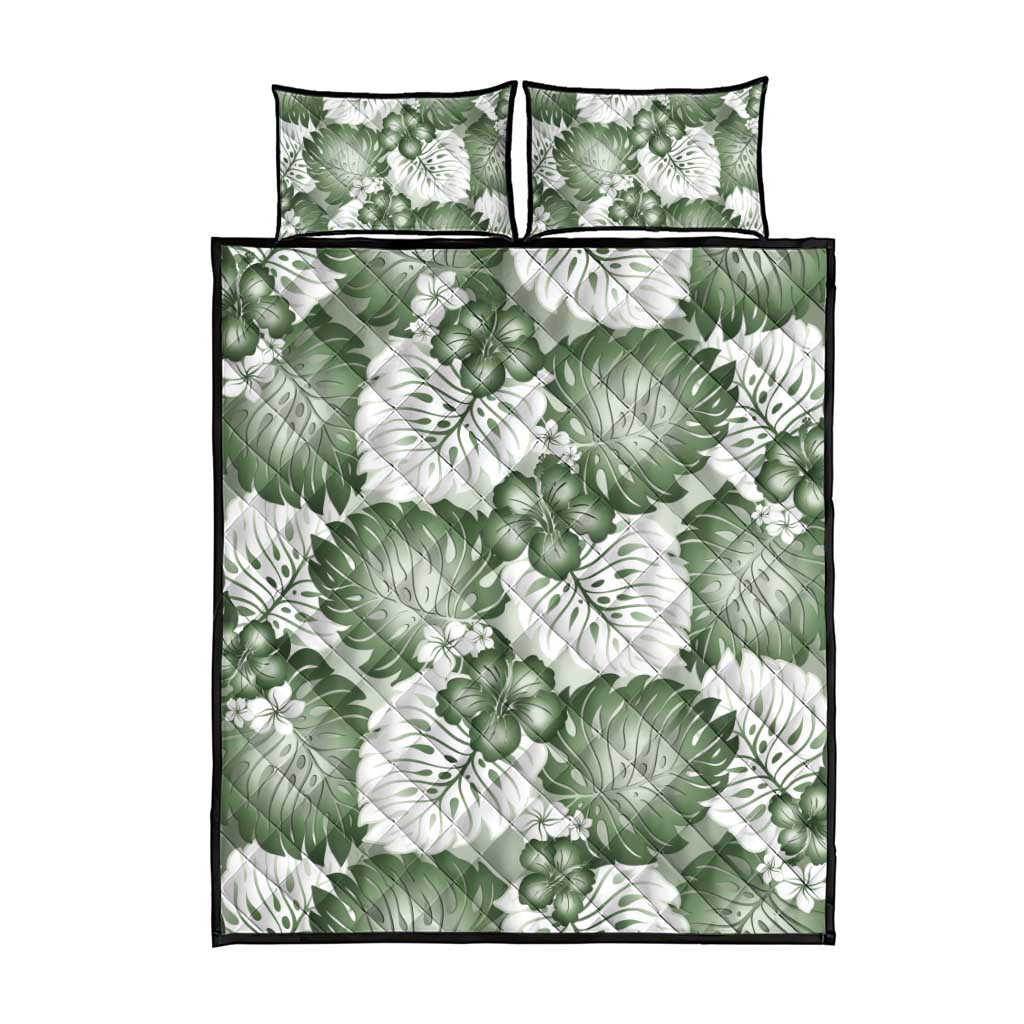 Sage Green Aloha Hawaii Quilt Bed Set Monstera Hibiscus Plumeria Seamless Vibes - Polynesian Pride