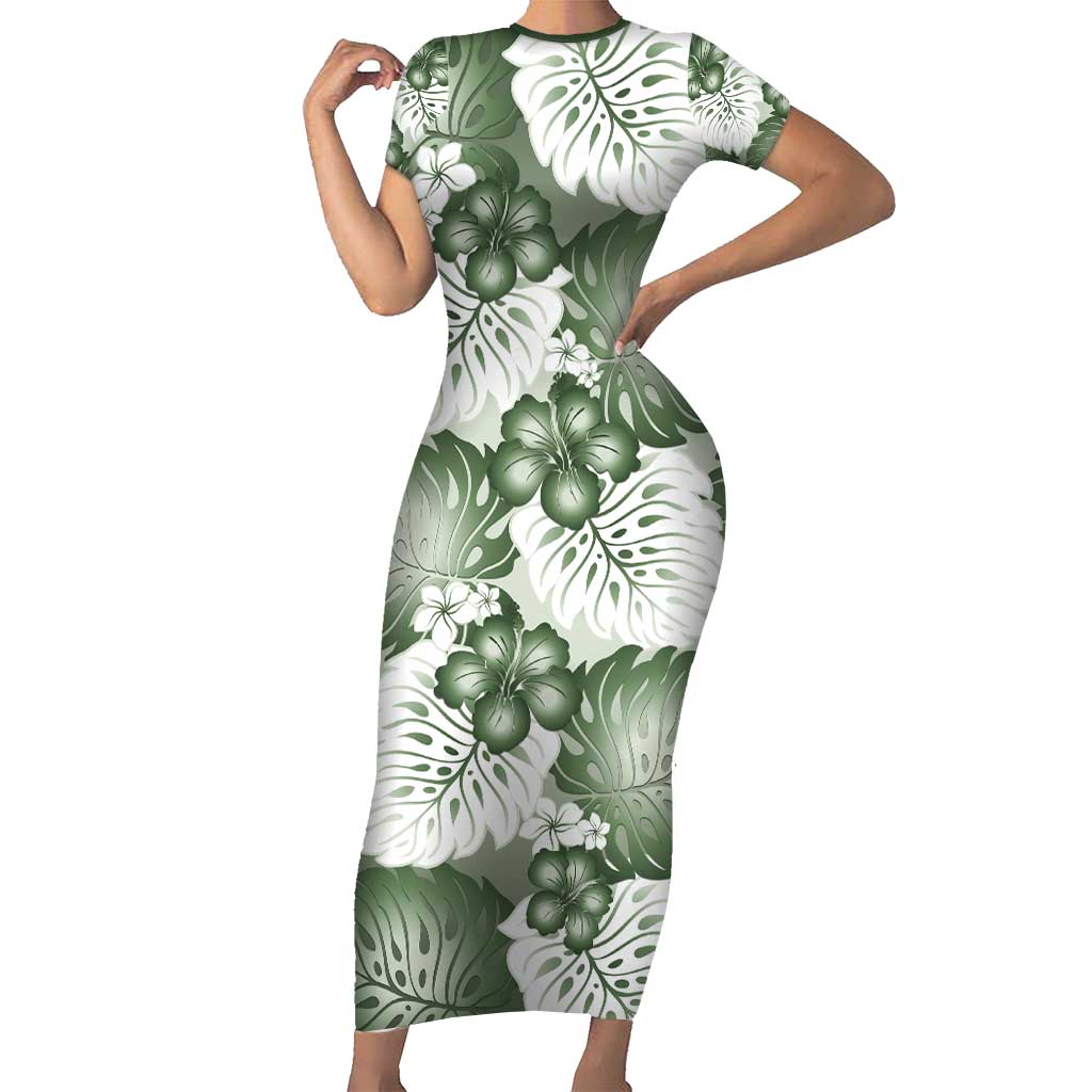 Sage Green Aloha Hawaii Short Sleeve Bodycon Dress Monstera Hibiscus Plumeria Seamless Vibes LT14 Long Dress Sage Green - Polynesian Pride