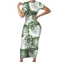 Sage Green Aloha Hawaii Short Sleeve Bodycon Dress Monstera Hibiscus Plumeria Seamless Vibes LT14 Long Dress Sage Green - Polynesian Pride