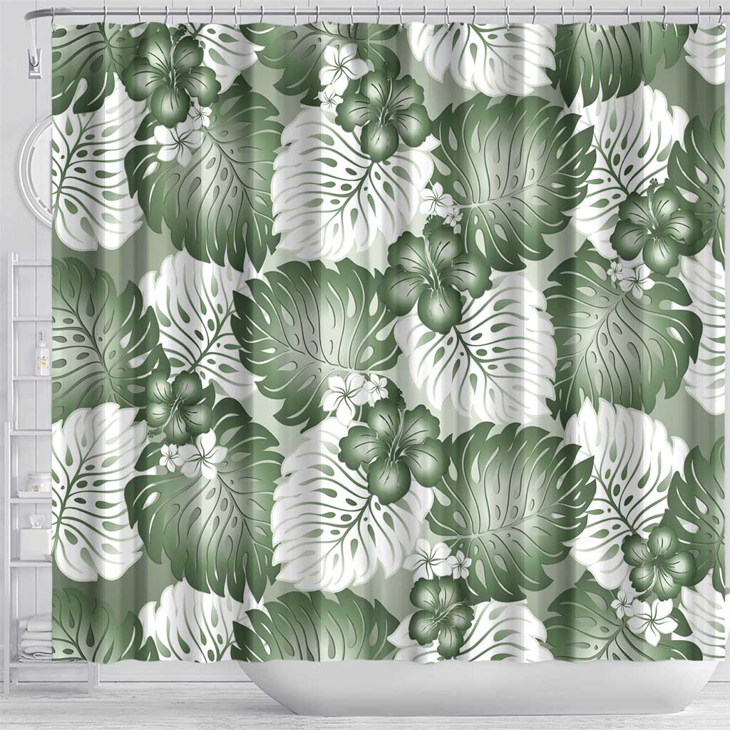Sage Green Aloha Hawaii Shower Curtain Monstera Hibiscus Plumeria Seamless Vibes - Polynesian Pride