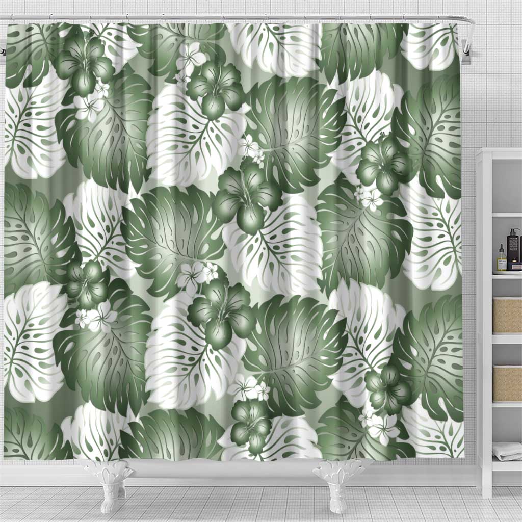 Sage Green Aloha Hawaii Shower Curtain Monstera Hibiscus Plumeria Seamless Vibes - Polynesian Pride